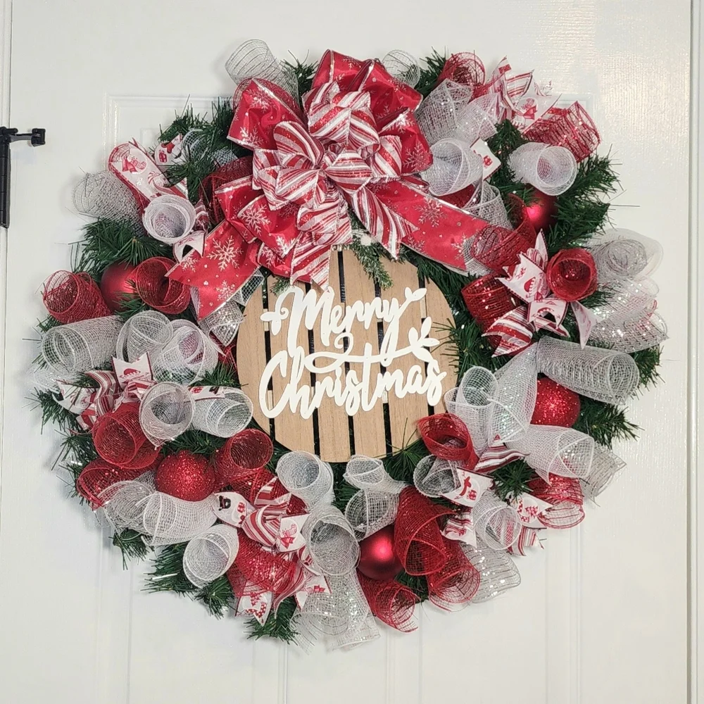 Festive Merry Christmas Wreath - Red, White, Silver